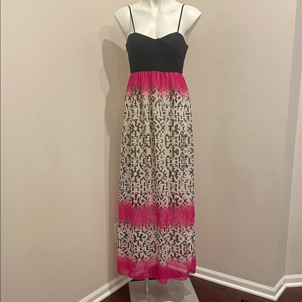 Three Hearts Black Bodice Maxi Dress with Pink and Cream Patterned Skirt